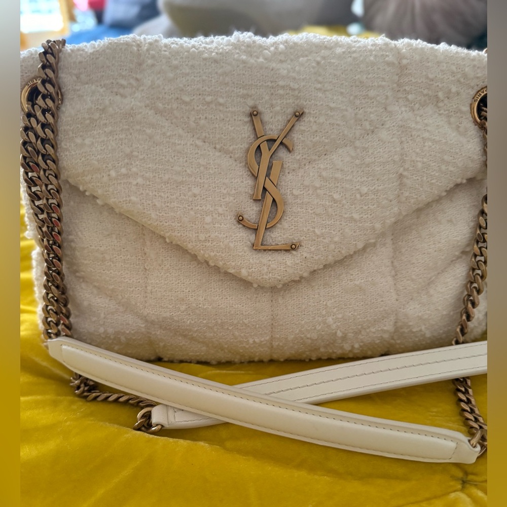 Authentic White Tweed YSL with gold Emblem